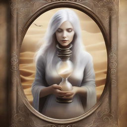 A realistic book cover featuring an ancient hourglass controlled by a woman with white hair