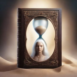 A realistic book cover featuring an ancient hourglass controlled by a woman with white hair