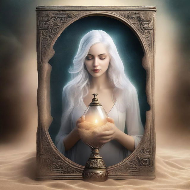 A realistic book cover featuring an ancient hourglass controlled by a woman with white hair