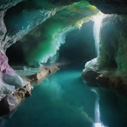 A stunning crystal cave, sparkling with a diverse array of hues. Pristine pools of water mirror their beauty, while a lingering green mist adds a touch of enchantment.