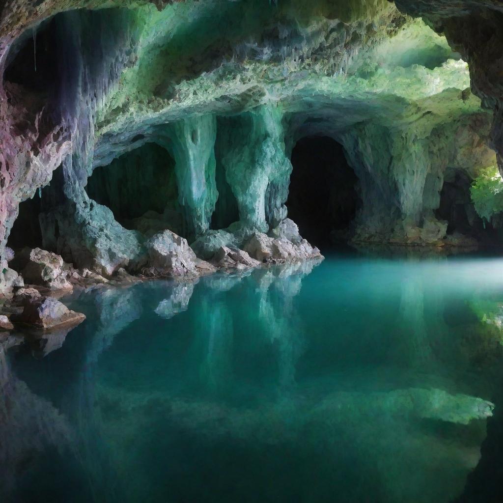 A stunning crystal cave, sparkling with a diverse array of hues. Pristine pools of water mirror their beauty, while a lingering green mist adds a touch of enchantment.