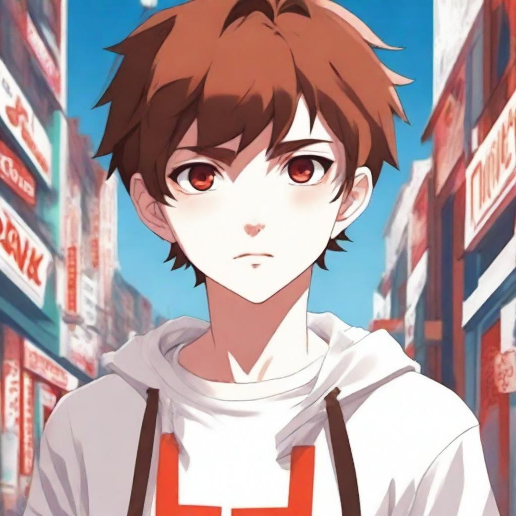 An anime-style book cover featuring a boy with short brown hair, red eyes, and freckles