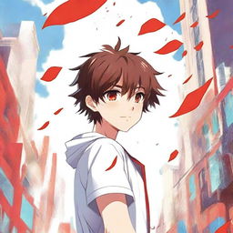 An anime-style book cover featuring a boy with short brown hair, red eyes, and freckles