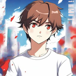 An anime-style book cover featuring a boy with short brown hair, red eyes, and freckles