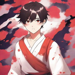 An anime-style book cover featuring a boy with very short dark brown hair, red eyes, and a lot of freckles