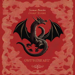 A book cover featuring a black dragon with gold embroideries against a rich red background