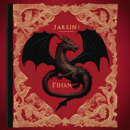 A book cover featuring a black dragon with gold embroideries against a rich red background