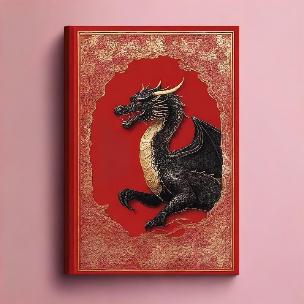 A captivating book cover design featuring a black dragon with gold embroideries set against a rich red background