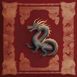 A captivating book cover design featuring a black dragon with gold embroideries set against a rich red background