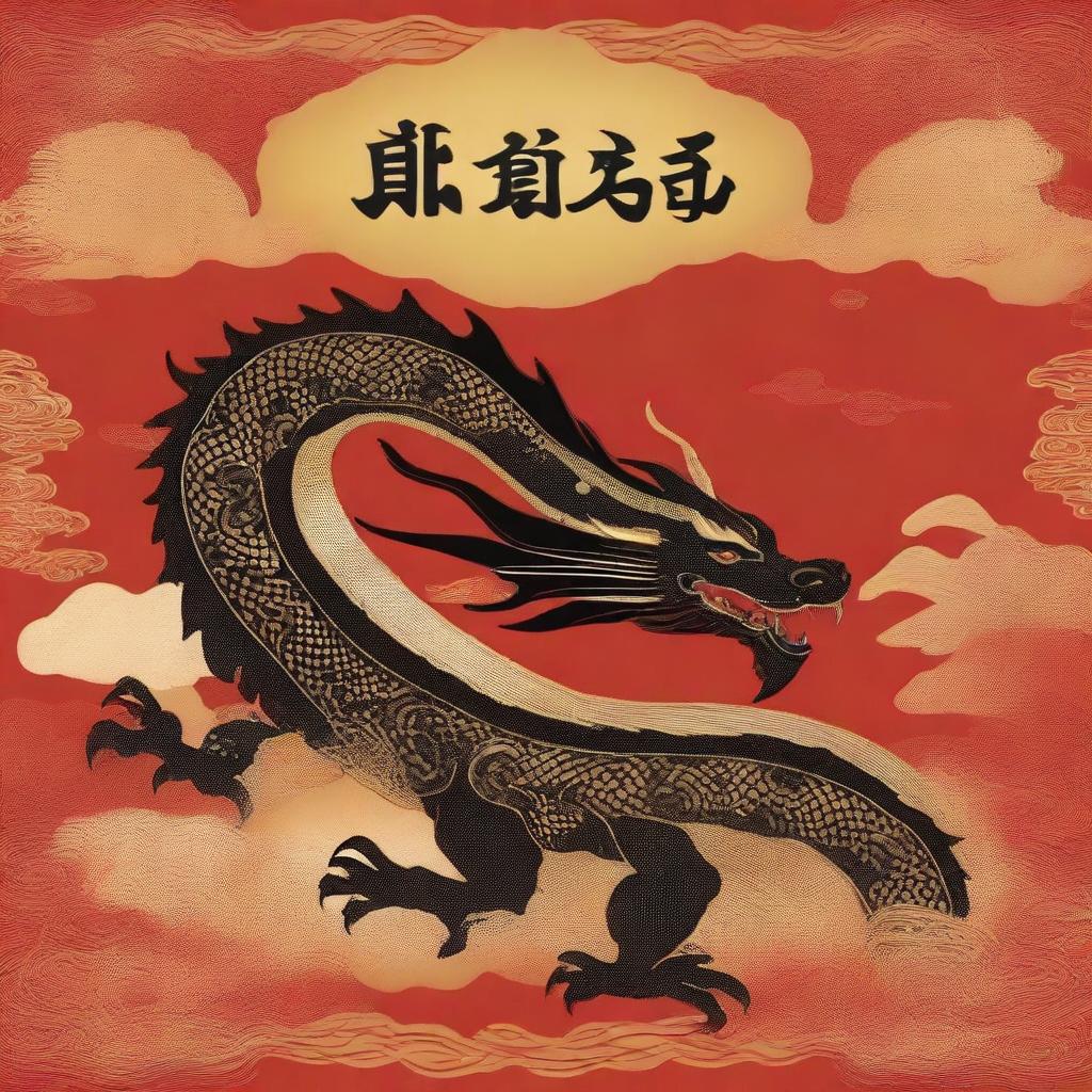 A Japanese-style book cover featuring a black dragon with gold embroideries set against a rich red background