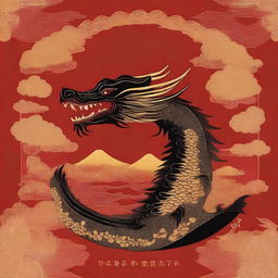 A Japanese-style book cover featuring a black dragon with gold embroideries set against a rich red background