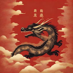 A Japanese-style book cover featuring a black dragon with gold embroideries set against a rich red background