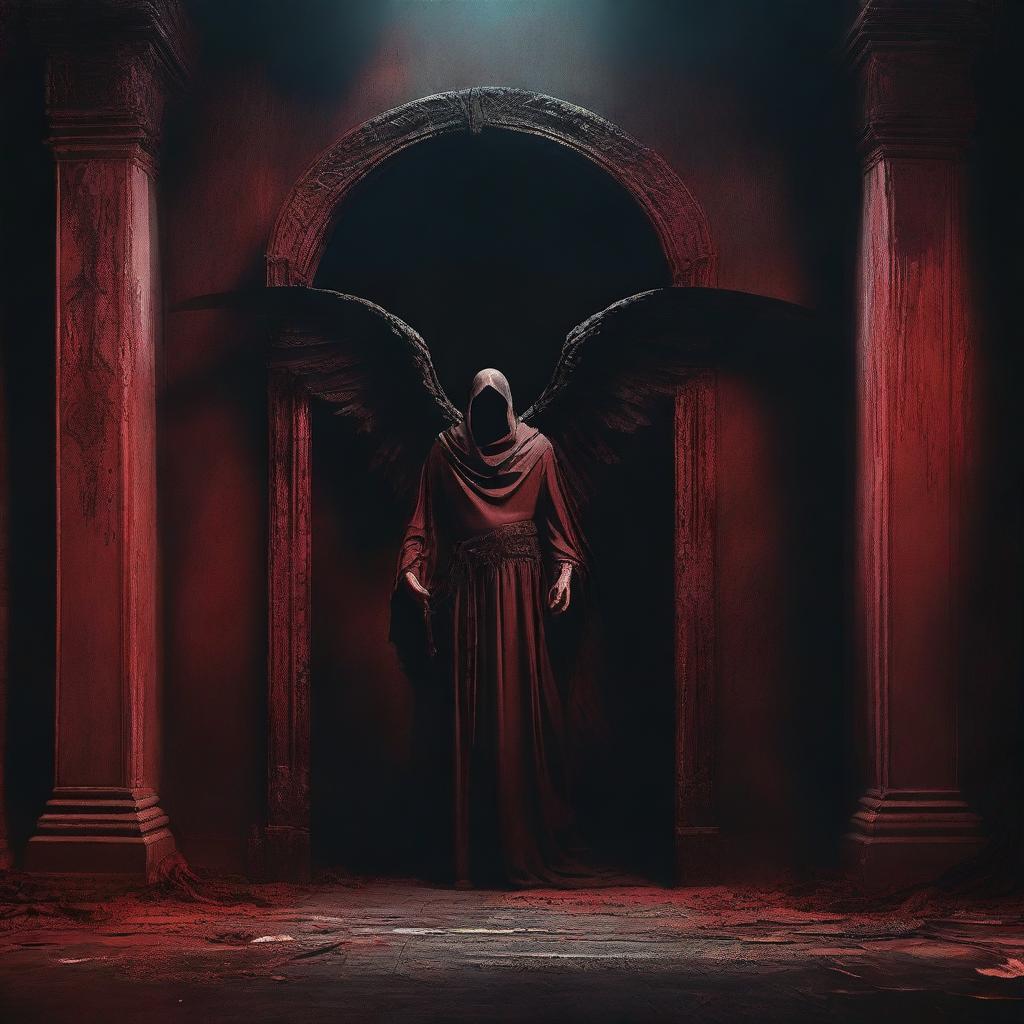 A dimly lit room with an angel of death standing guard in front of a large, ominous door that leads to the underworld