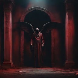 A dimly lit room with an angel of death standing guard in front of a large, ominous door that leads to the underworld