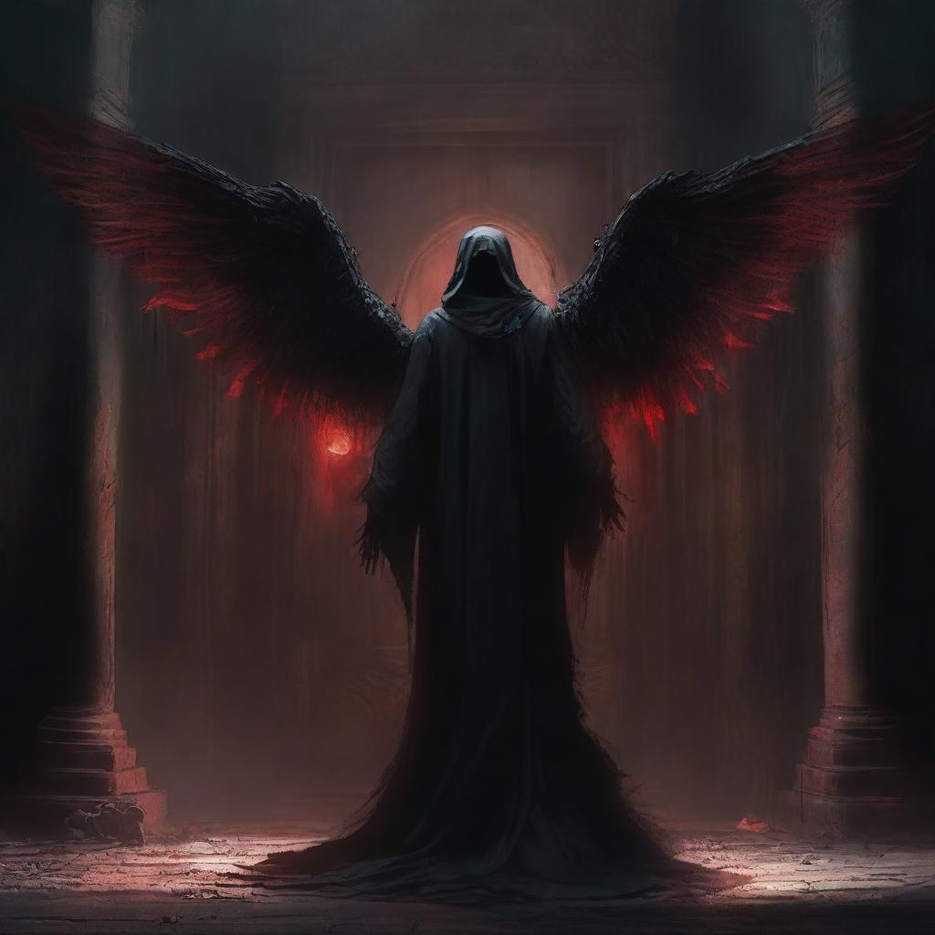 A dimly lit room with an angel of death standing guard in front of a large, ominous door that leads to the underworld