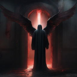 A dimly lit room with an angel of death standing guard in front of a large, ominous door that leads to the underworld