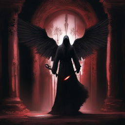 A dimly lit room with an angel of death standing guard in front of a large, ominous door that leads to the underworld