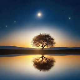 A serene scene of a star slowly rising above the horizon, casting a gentle glow across a tranquil landscape