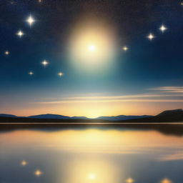 A serene scene of a star slowly rising above the horizon, casting a gentle glow across a tranquil landscape