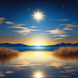 A serene scene of a star slowly rising above the horizon, casting a gentle glow across a tranquil landscape