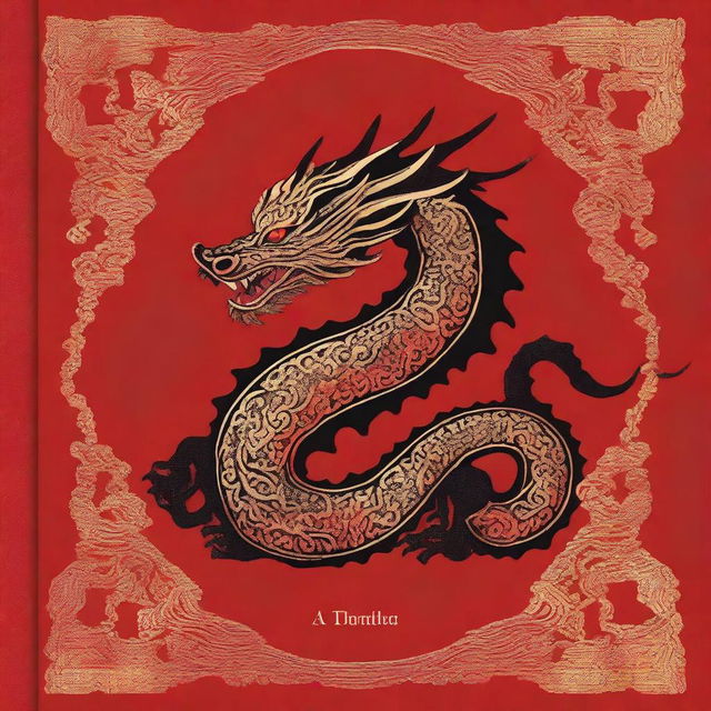 A book cover featuring a black dragon with gold embroideries set against a rich red background