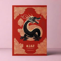 A book cover featuring a black dragon with gold embroideries set against a rich red background