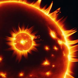 A close-up view of the sun, showcasing its fiery surface with solar flares and prominences