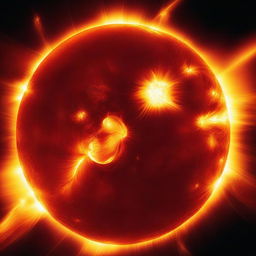 A close-up view of the sun, showcasing its fiery surface with solar flares and prominences