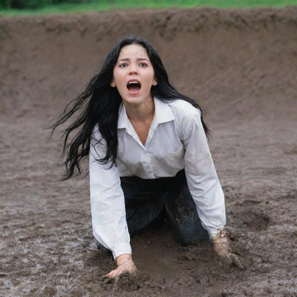 A terrified 14-year-old girl with long black hair and a white blouse plummeting down a dark, mud-lined pit.