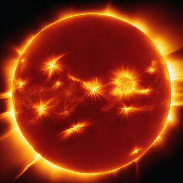 A close-up view of the sun, showcasing its fiery surface with solar flares and prominences