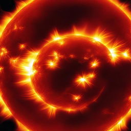 A close-up view of the sun, showcasing its fiery surface with solar flares and prominences