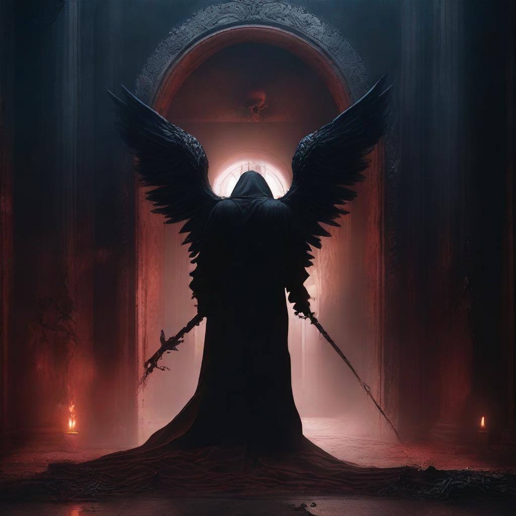 A dimly lit room with an angel of death standing guard in front of a large, ominous door that leads to the underworld