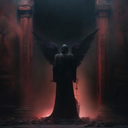 A dimly lit room with an angel of death standing guard in front of a large, ominous door that leads to the underworld