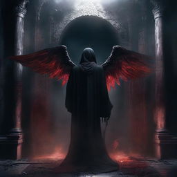 A dimly lit room with an angel of death standing guard in front of a large, ominous door that leads to the underworld