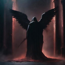 A dimly lit room with an angel of death standing guard in front of a large, ominous door that leads to the underworld