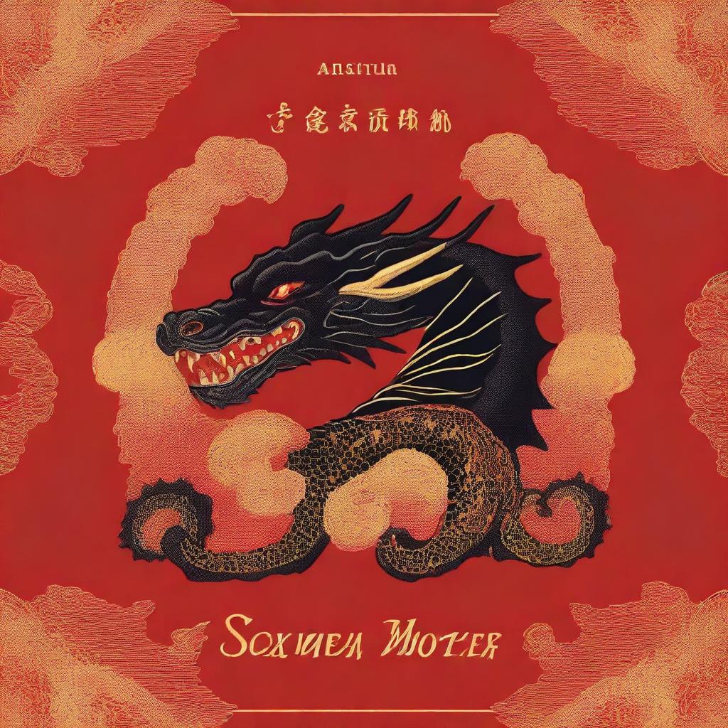 A book cover featuring a black dragon with gold embroideries set against a rich red background