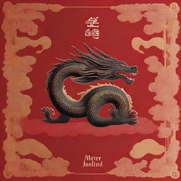 A book cover featuring a black dragon with gold embroideries set against a rich red background