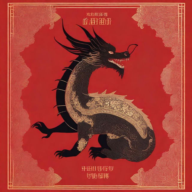 A book cover featuring a black dragon with gold embroideries set against a rich red background