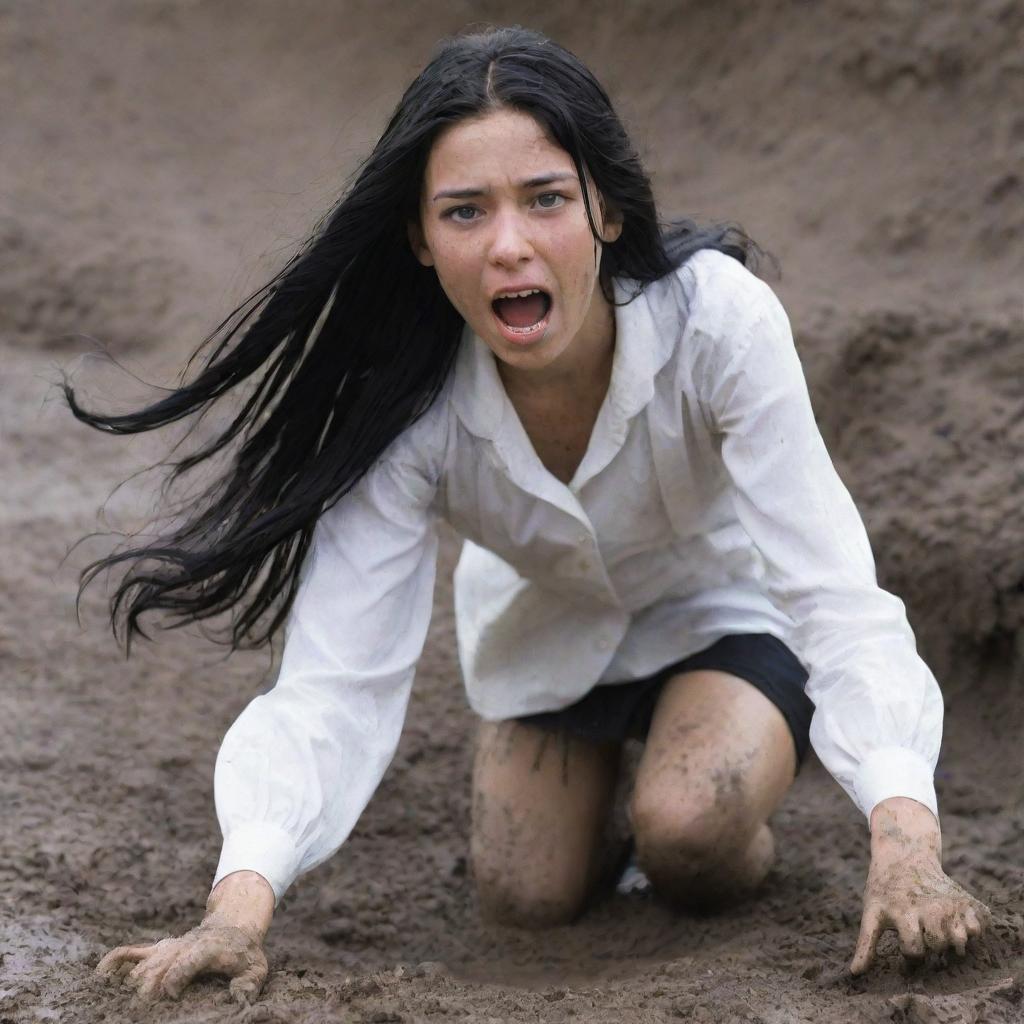 A terrified 14-year-old girl with long black hair and a white blouse plummeting down a dark, mud-lined pit.