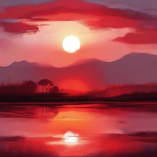 A vivid and radiant red sun rising over a serene landscape, casting warm and vibrant hues across the sky