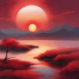 A vivid and radiant red sun rising over a serene landscape, casting warm and vibrant hues across the sky