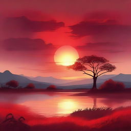 A vivid and radiant red sun rising over a serene landscape, casting warm and vibrant hues across the sky