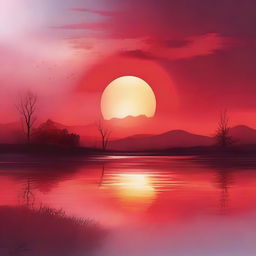 A vivid and radiant red sun rising over a serene landscape, casting warm and vibrant hues across the sky