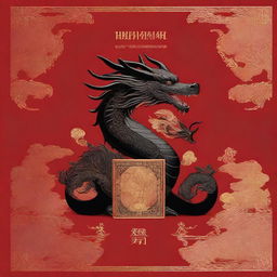 A book cover featuring a black dragon with gold embroideries set against a rich red background