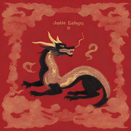 A book cover featuring a black dragon with gold embroideries set against a rich red background