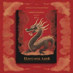 A book cover featuring a black dragon with gold embroideries set against a rich red background