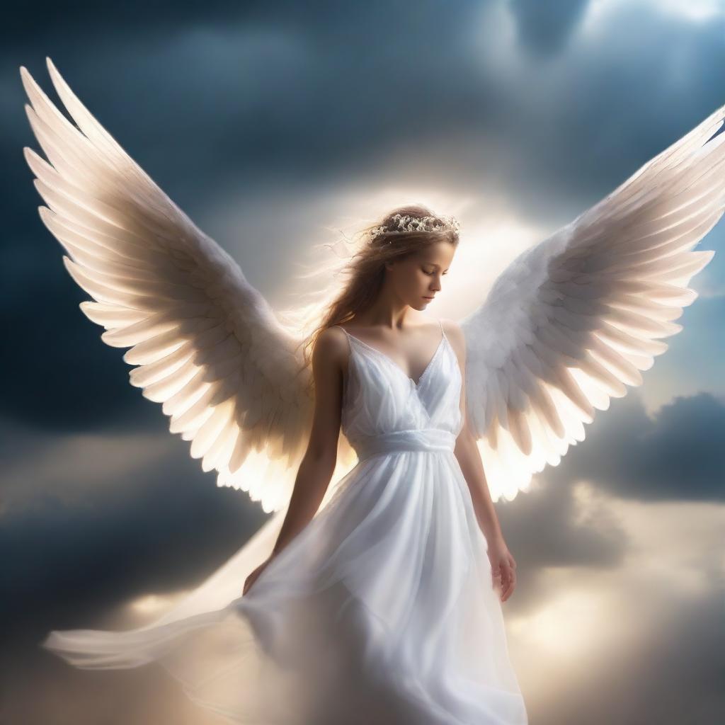 A beautiful angel with glowing wings transforming into a fallen angel