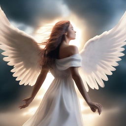 A beautiful angel with glowing wings transforming into a fallen angel