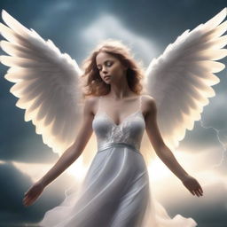 A beautiful angel with glowing wings transforming into a fallen angel