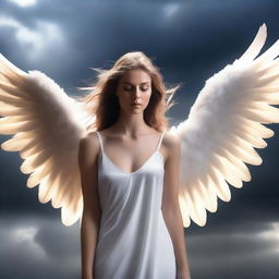 A beautiful angel with glowing wings transforming into a fallen angel